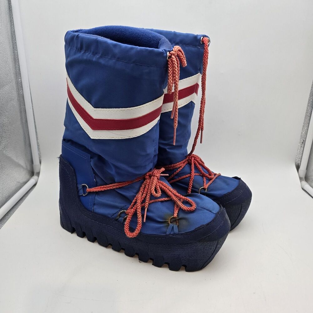 Retro 1980s Moon Boots Blue Red White Chevron Made in Korea Sz 9-10